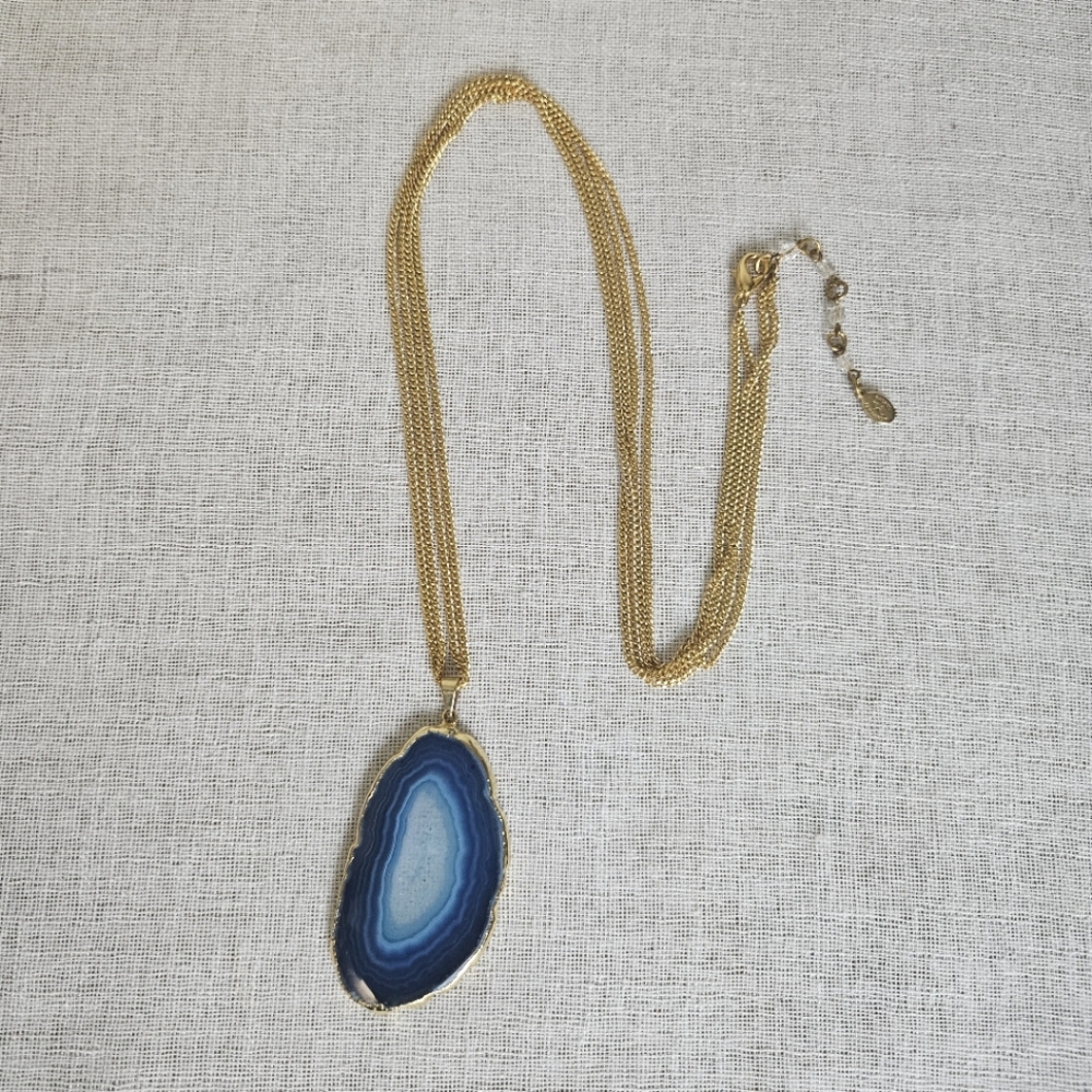 Rachel Reinhardt New York Oceanside Blue Agate Pendant Gold Tone Necklace 19"